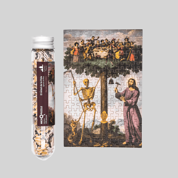 Micropuzzle 'Árbol de la Vida' de 150 piezas presentado en un tubo de plástico, basado en el cuadro de Ignacio Ríes (s. XVII)