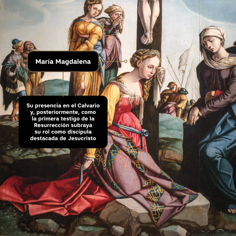 Detalle de la pintura de la crucifixión de Jesús, con un enfoque en María Magdalena y una descripción sobre su papel