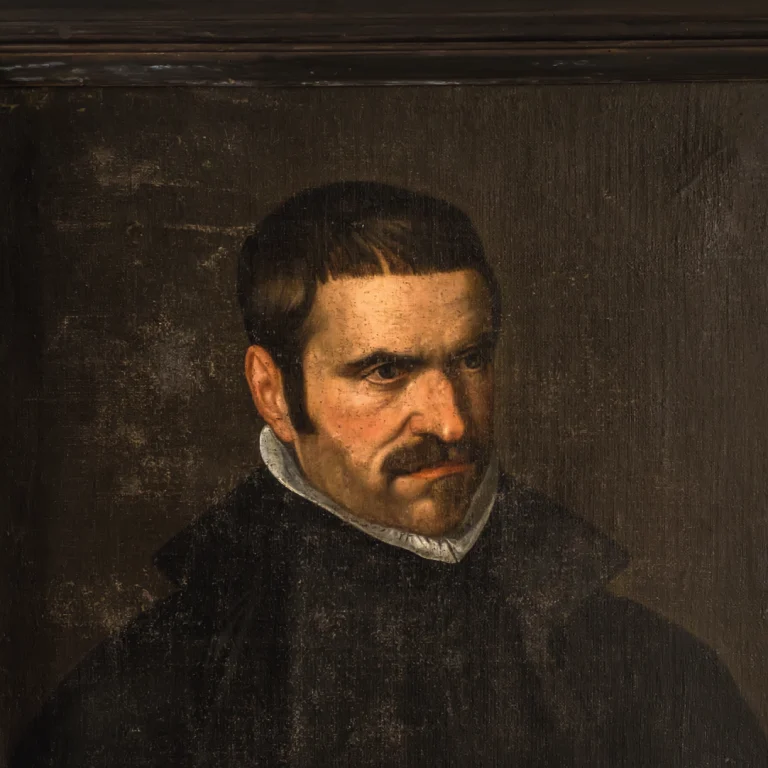 Detalle del retrato de Juan de Briviesca (1585-1629), pintado por Jerónimo López Polanco en 1619. Este fragmento muestra los rasgos faciales del sacerdote, destacando su carácter sereno y determinado.